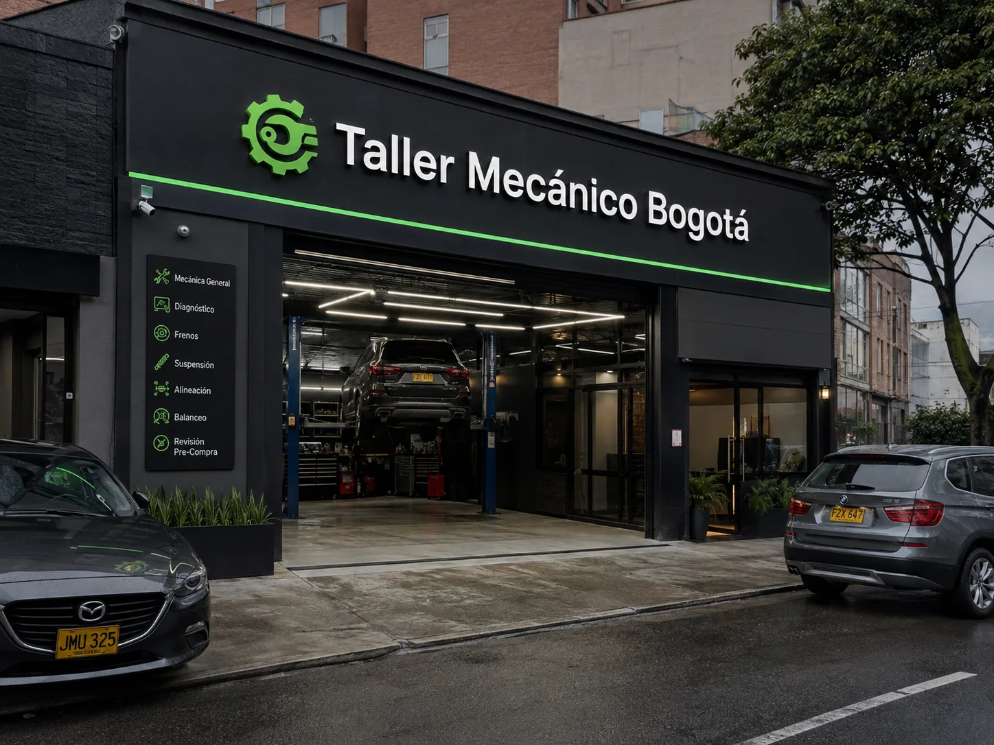 Fachada de taller mecánico en Bogotá